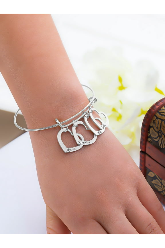 Personalized Adjustable Bangle Bracelet with Four Hanging Hearts