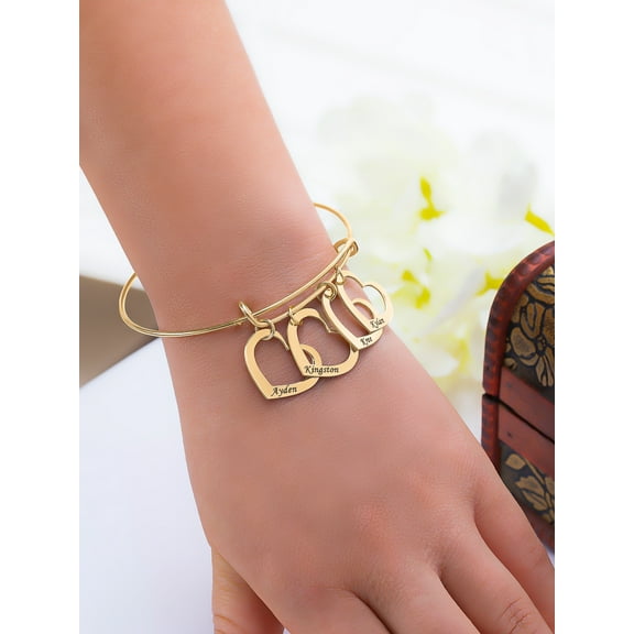Personalized Adjustable Bangle Bracelet with Four Hanging Hearts