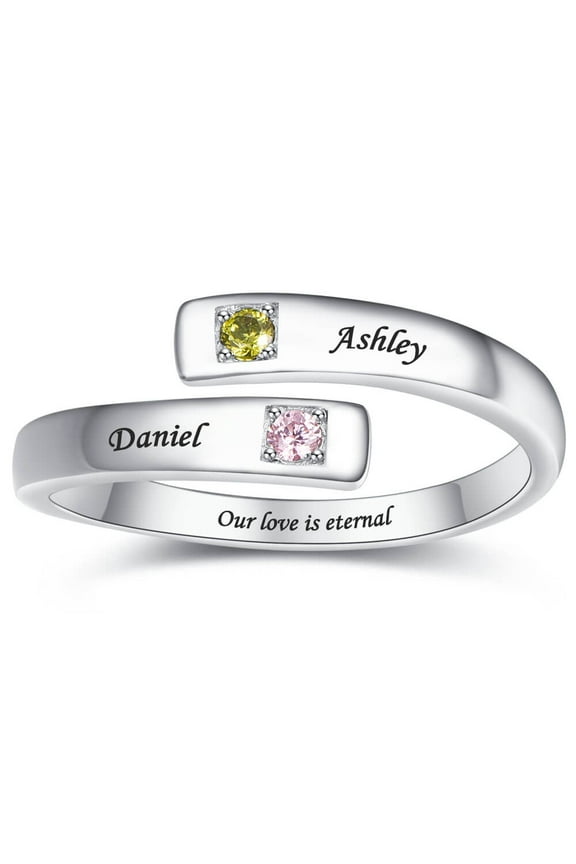 Personalized Adjustable Custom Ring with Any Name Women's Sterling Silver Open Ring with 2 Simulated Birthstones Jewelry Gift for Mother Lady