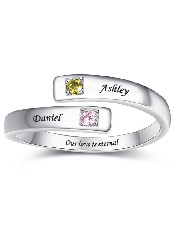 Personalized Adjustable Custom Ring with Any Name Women's Sterling Silver Open Ring with 2 Simulated Birthstones Jewelry Gift for Mother Lady
