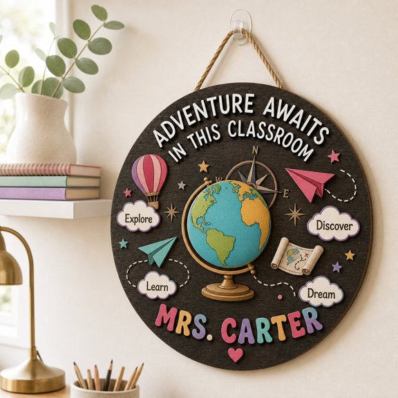 Personalized Adventure Classroom Sign | Layered Wooden Teacher Decor
