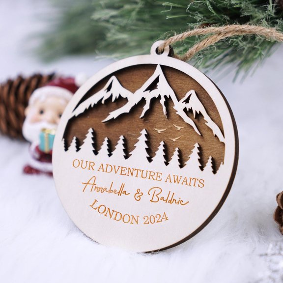 Personalized Adventure Ornament, Custom Mountain Landscape Christmas Decor, Couples Names Holiday Ornament, Wooden Adventure Keepsake, 2024