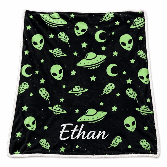 Personalized Alien Sherpa Blanket, Custom Name Space Throw Blanket, Polyester Fleece 2-Layer Sherpa, 30x40 to 60x80 in