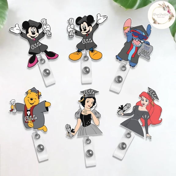 Personalized All Characters Disney Graduation Senior Badge Reel, Mickey Minnie Stitch Disney Princess Graduate Retractable ID Badge Holder