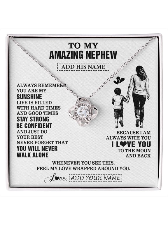 Personalized To My Amazing Nephew Necklace From Aunt Auntie Woman It A Big Hug Nephew Birthday Gifts Graduation Christmas Custom Gift Box Message Card, White Love Knot Necklace