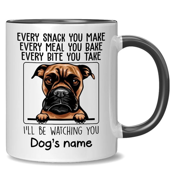 Personalized American Boxer Accent Mug, Every Snack You Make I'll Be Watching You, Customized Dog Coffee Mugs for Mom Dad, Custom Dog's Name, Ideas Gifts for Mothers Day, Fathers Day