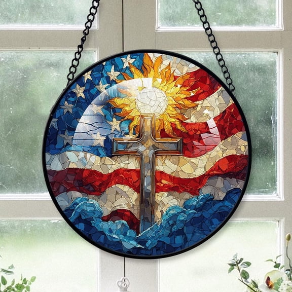 Personalized American Cross Stained Glass, American Cross Gifts for Women, American Cross for Windows, American Cross Window Hangings with Chain and Hook obKXxX (Flag Cross 5)