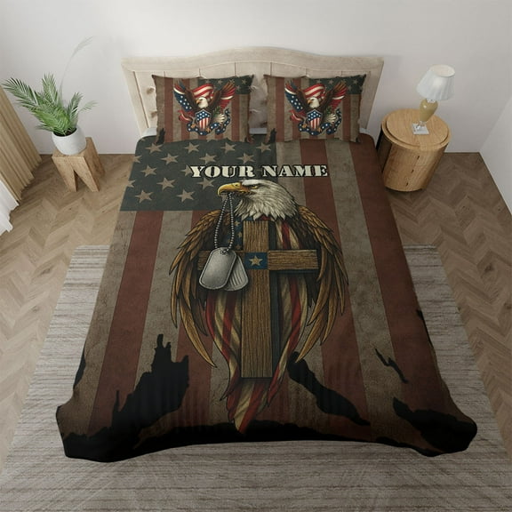 Personalized American Eagle Bedding Set with Flag & Cross –Custom Name Military Gift for Veterans, Soldiers Bedding