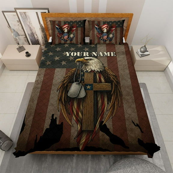 Personalized American Eagle Quilt Bedding Set – Patriotic Quilt Blanket & Pillowcases – Cross and Dog Tag Military Quilt Bed Set