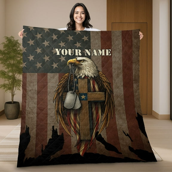 Personalized American Eagle Quilt Blanket with Cross and Dog Tags – Custom Patriotic Military Gift, USA Flag Faith Blanket, Veteran Christian Quilt