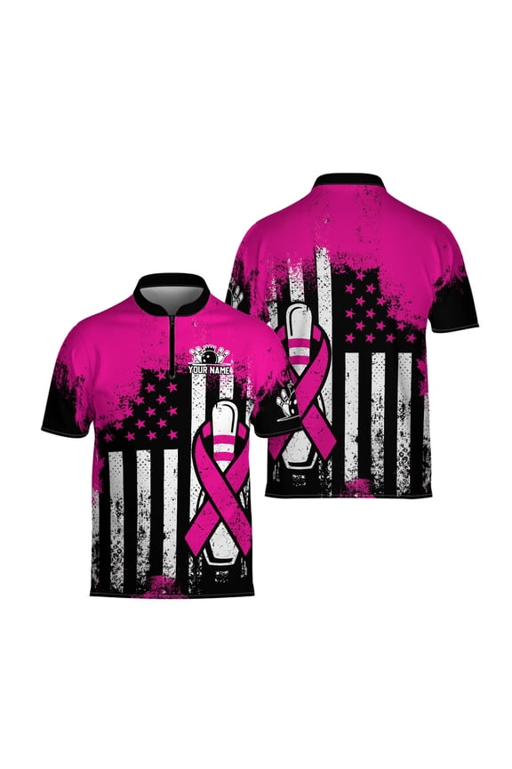 Personalized American Flag Pink Ribbon Bowling Jersey 3D Bowling Shirt for