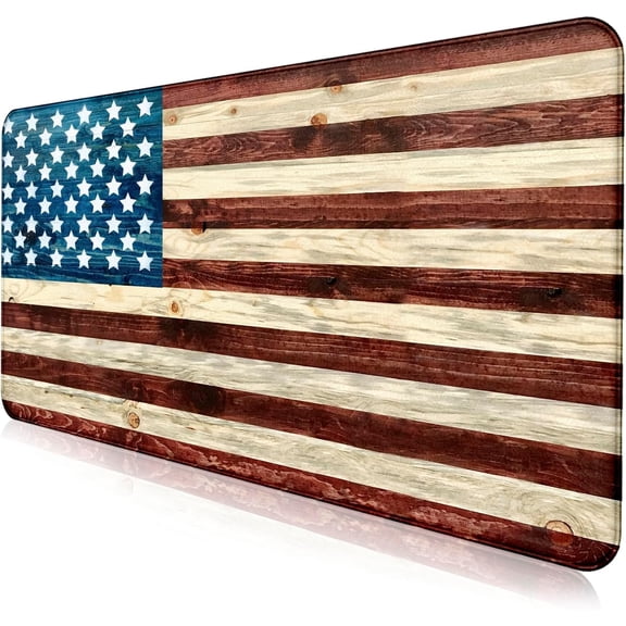 Personalized American Flag Wood Grain Computer Keyboard Desk Pad, Cute Female Office and Study Full Desk Extended Mouse Pad 35.4 x 15.7 Inches