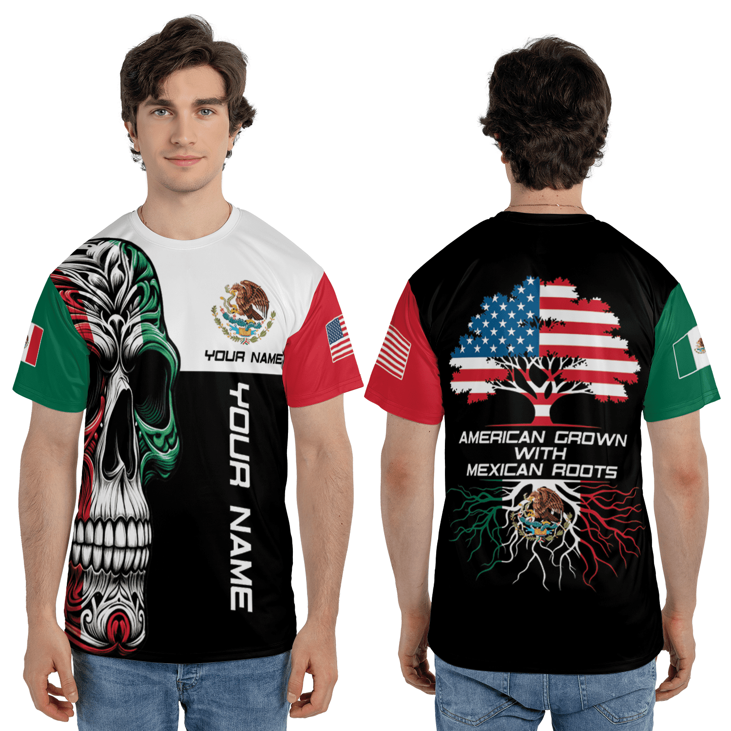Personalized American Grown Mexican Roots T-Shirt 3D, USA Mexico Flag ...