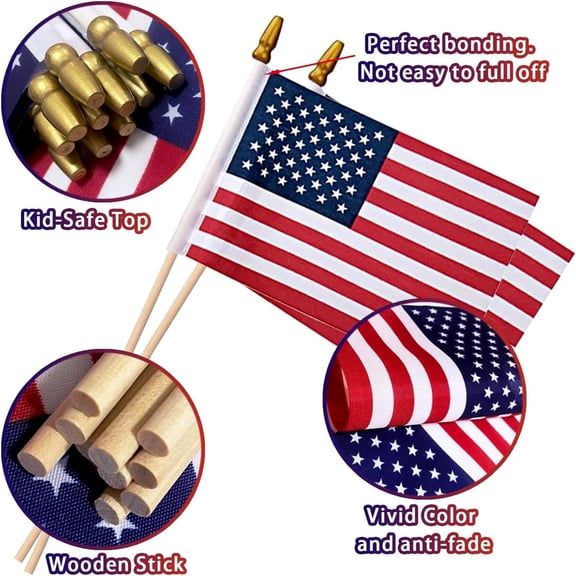 Personalized American Handheld Stick Flags 6x4 Inch with Gold Tip Plastic Flagpole US Mini Flags for Parades Memorial Day Patriotic Party Decorations