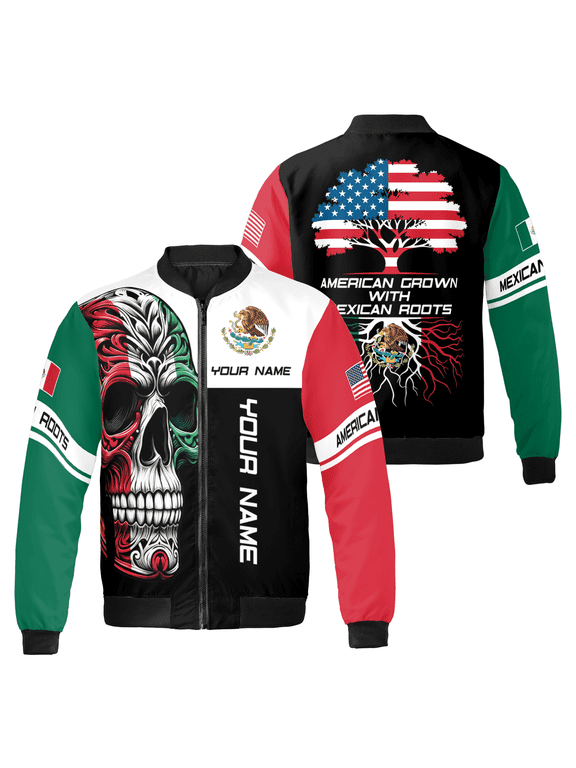 Personalized American Mexican Bomber Jacket – Skull Graphic, USA & Mexico Flag Design, Custom Name Zip Up Jacket