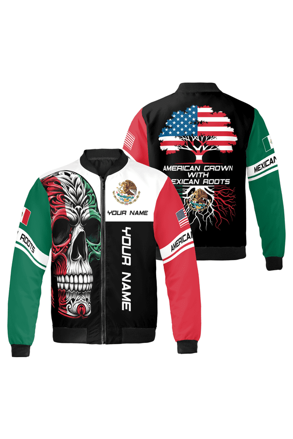 Personalized American Mexican Bomber Jacket – Skull Graphic, USA & Mexico Flag Design, Custom Name Zip Up Jacket