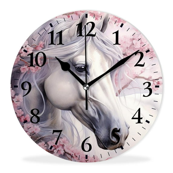 Personalized Analog Clock Non-Ticking Silent Wall Clocks Battery Operated Clocks with Picture Decorative for Living Room-Beautiful Horse with Cherry Blossom Exquisite(12inch)
