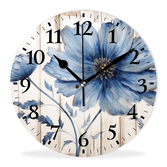 Personalized Analog Clock Non-Ticking Silent Wall Clocks Battery Operated Clocks with Picture Decorative for Living Room-Blue Flowers Elegant(14inch)