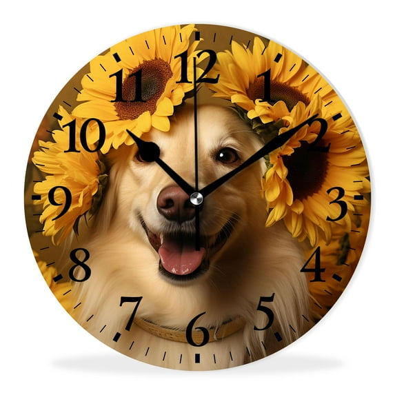 Personalized Analog Clock Non-Ticking Silent Wall Clocks Battery Operated Clocks with Picture Decorative for Living Room-Border Collie Sunflower Field Funny Animal Drawing(16inch)
