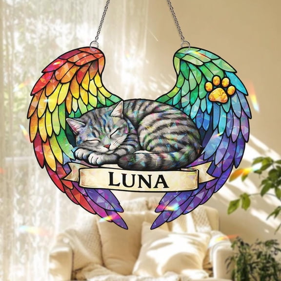 Personalized Angel Cat Acrylic Suncatcher, Custom Name 2D Flat Window Hanging Decor, Cat Memorial and Sympathy Gift