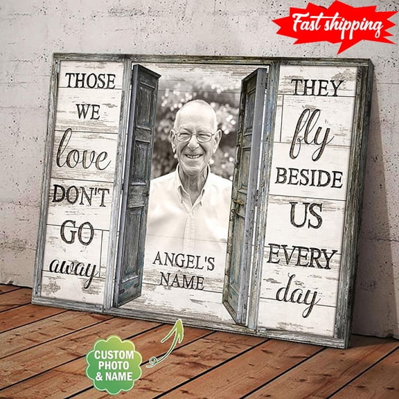 Personalized Angel's Name & Photo Door Frame Those We Love Don’t Go Away They Fly Beside Us Every Day 16 x 24 Inch Poster