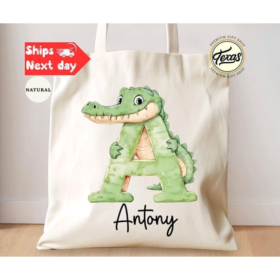 Personalized Animal Initial Kids Tote Bag Custom Alphabet School Tote
