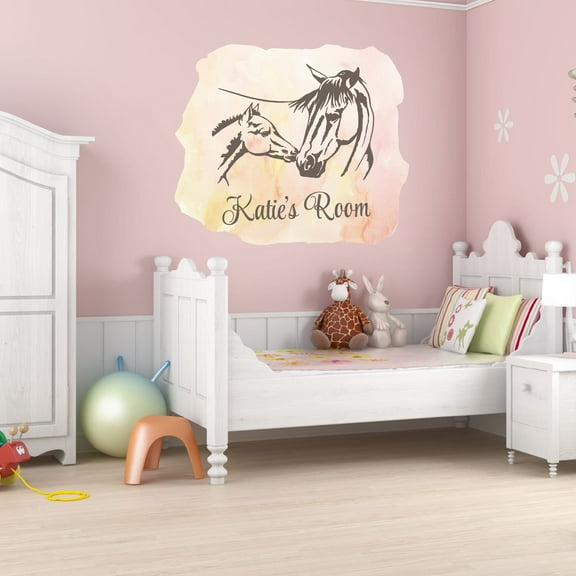 Personalized Animal Wall Decals for Kids Room - Mommy Horse with Baby Pony Love Wall Sticker Decal With Easy Installation Instructions Custom Name Sticker - Size: 10 In x 9 In