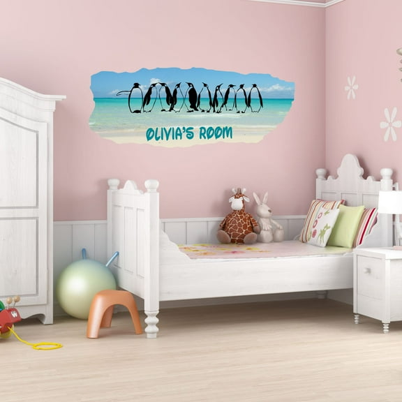 Personalized Animal Wall Decals for Kids Room - Row Of 10 Penquins Nursery Decor With Easy Installation Instructions Custom Name Sticker - Size: 20 In x 8 In