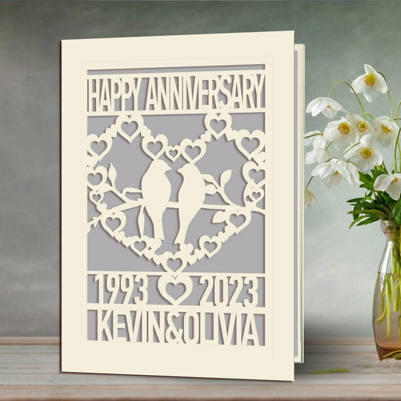 Personalized Anniversary Card, Papercut Love Birds Happy Anniversary Greeting Card, Blank Insdie & Envelope Included, Gift for Wife Husband Mom Dad Couple