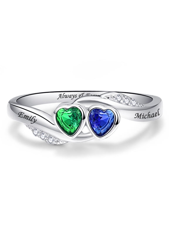 Personalized Anniversary Love Heart Promise Ring for Women 925 Sterling Silver with 2 Names and 2 Simulated Birthstones