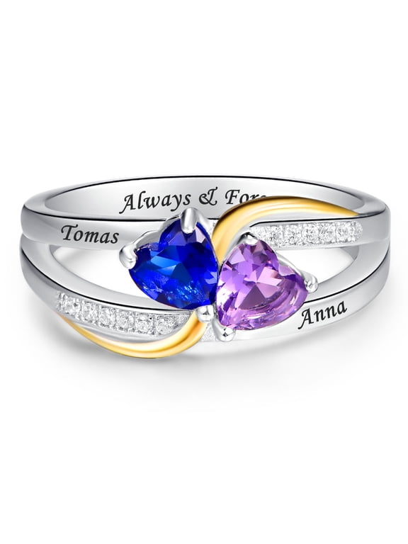 Personalized Anniversary Promise Duble Heart Ring for Women 925 Sterling Silver Custom Rings with 2 Names and 2 Simulated Birthstones