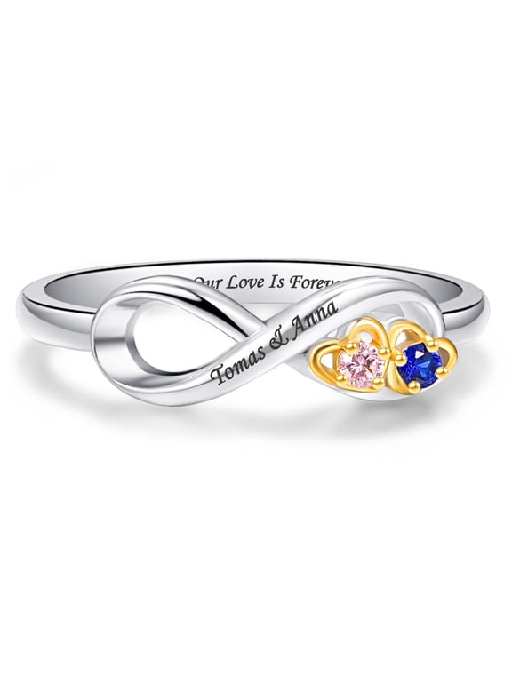 Personalized Anniversary Promise Ring for Women 925 Sterling Silver Custom Rings with 2 Names and 2 Simulated Birthstones