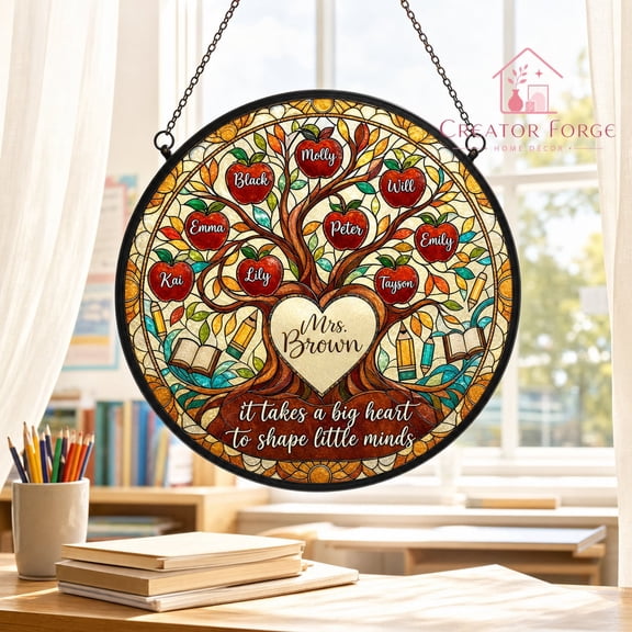 Personalized Apple Tree Stained Glass Suncatcher for Teacher - Custom Mrs Name Back to School Door Decor Gift