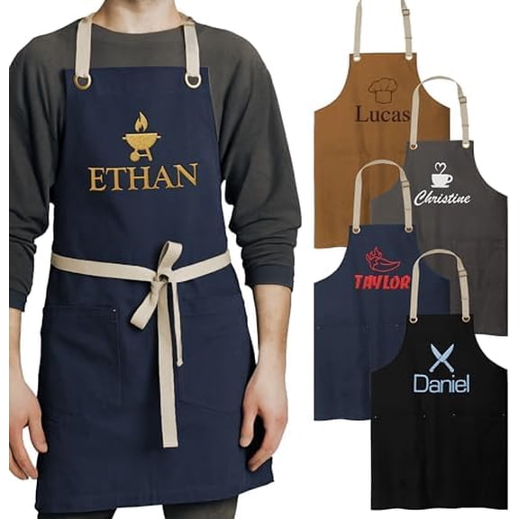 Personalized Aprons for Men, Women - Custom Embroidery Canvas Apron - 18 Icons, 4 Colors, 8 Fonts & 18 Thread Colors, Grilling Gifts for Men - Aprons for Bakers, Baristas, Chefs, Barbers, Bartenders