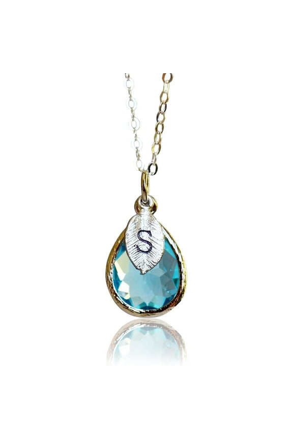 Personalized Aquamarine Necklace, March Teardrop Birthstone Jewelry, Custom Initial - 16" Silver