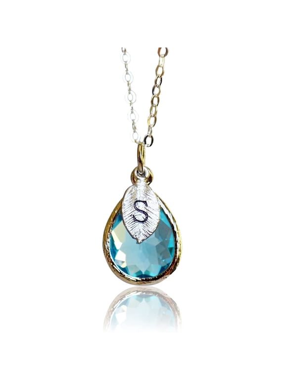 Personalized Aquamarine Necklace, March Teardrop Birthstone Jewelry, Custom Initial - 16" Silver
