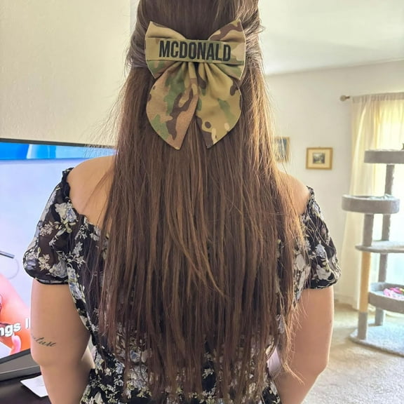 Personalized Army Hair Bow with Nametape, Air Force OCP Marine Memorial Day and Veterans Day Gift Embroidery Name