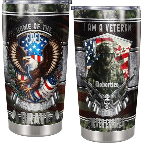 Personalized Army Military Tumbler Custom Name Cup Coffee Mug Stainless Steel 20 oz Cup with Lid Eagle Scout Gifts ideas for Men Dad Veteran Day 4th of July