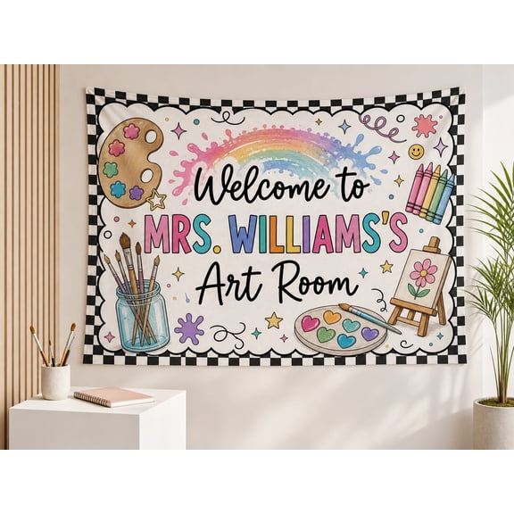 Personalized Art Room Tapestry: Teacher Name Wall Banner, Pink Gingham Classroom Decor