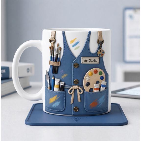 Personalized Artist Ceramic Coffee Mug, Paint Palette & Brushes Custom Name Gift