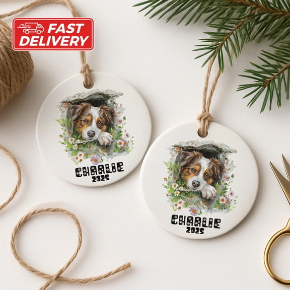 Personalized Australian Shepherd Ceramic Ornament with Custom Pet Name, Dog Memorial Christmas Keepsake and Holiday Gift for Aussie Lover