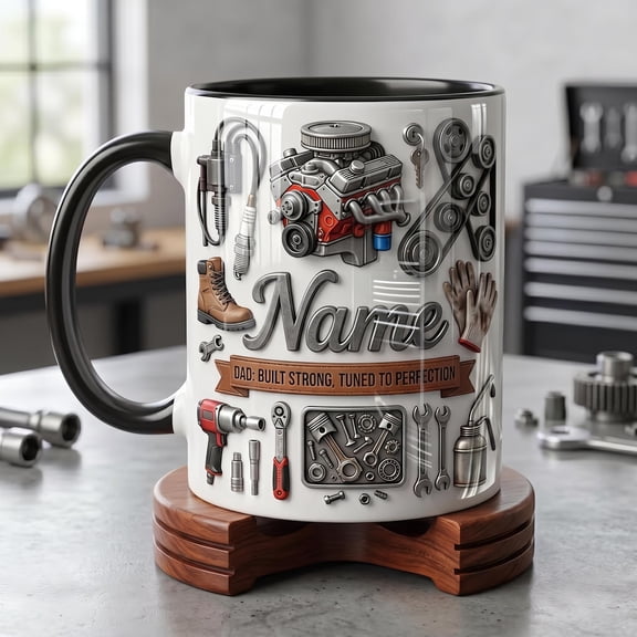 Personalized Auto Mechanic Dad Mug, Auto Engine Coffee Cup, Faux 3D Effect