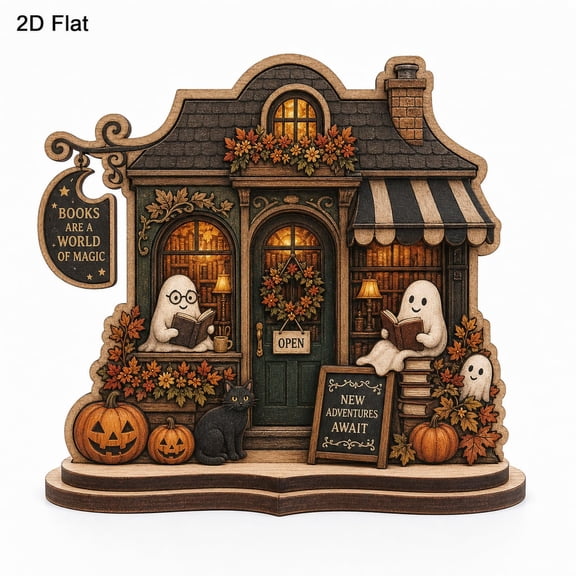 Personalized Autumn Bookshop 2D Wooden Block, Ghost Book Lover Gift, Cozy Halloween Library Shelf Sitter, Fall Reading Nook Gift, Spooky Decor