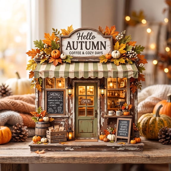 Personalized Autumn Coffee Shop 2D FLAT Wooden Block, Custom Miniature Fall Cafe Plaque, Cozy Kitchen Decor, Gift for Coffee Lover
