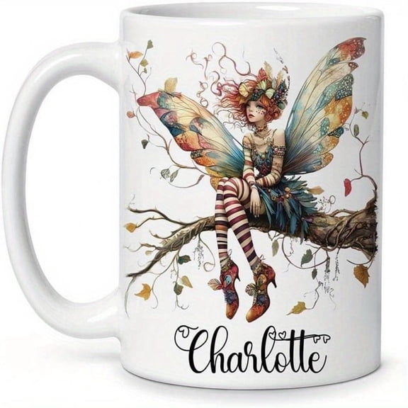 Personalized Autumn Fairy Mug 11oz Custom Name Fall Leaves Butterflies Design Ceramic Coffee Cup Whimsical Women Girls Nature Lovers