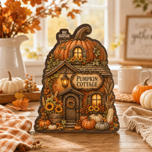 Personalized Autumn Harvest Pumpkin Cottage Wooden Block for Shelf Decor