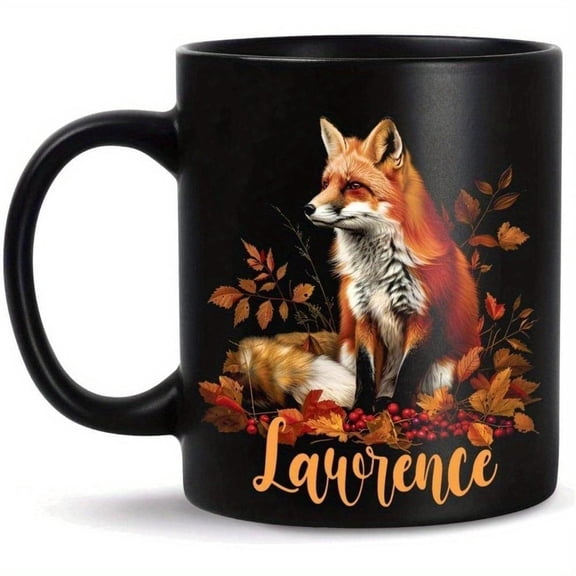 Personalized Autumn Leaves Coffee Mug Custom Name Text Elegant Black Interior with Reddish Brown Fall Foliage Design Durable Ceramic Cup Hot Beverages