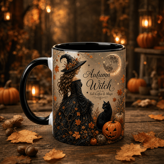 Personalized Autumn Witch Black Cat Pumpkin Ceramic Mug Gift 11oz 15oz