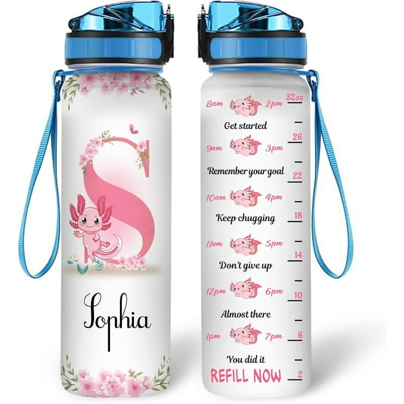 Personalized Axolotl Lovers 32Oz Liter Motivational Water Bottle, Axolotls Customized Name Water Bottle With Time Marker Gifts For Women Girl On Birthday, Mother Day's