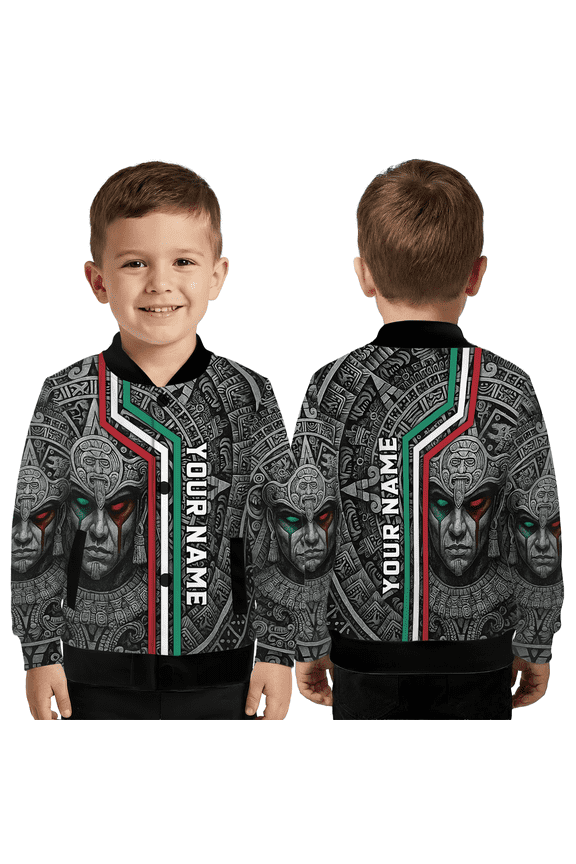 Personalized Aztec Warrior Baseball Jacket, Mexican Heritage Graphic Jacket, Custom Name Tribal Aztec Coat